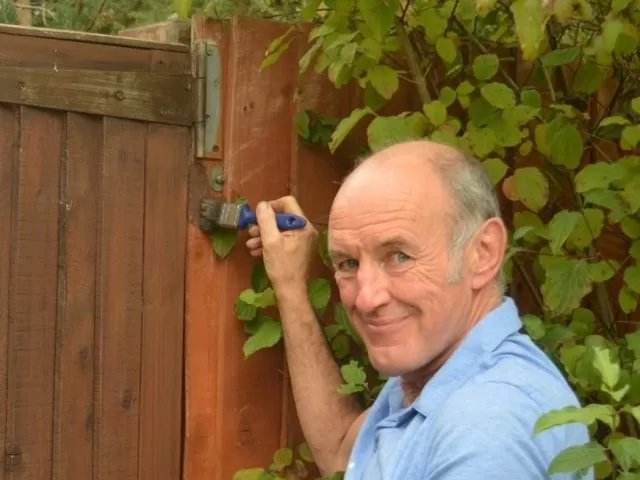 A person painting a wooden fence and gate.